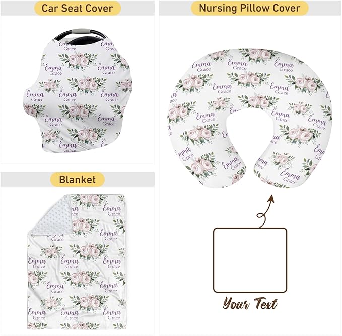 Customizable Flowers Baby Nursing Pillow Cover - Add Your Baby's Name, Ultra-Soft Stretch Fabric, Fits Standard Nursing Pillows, Ideal for Baby Showers Style 08