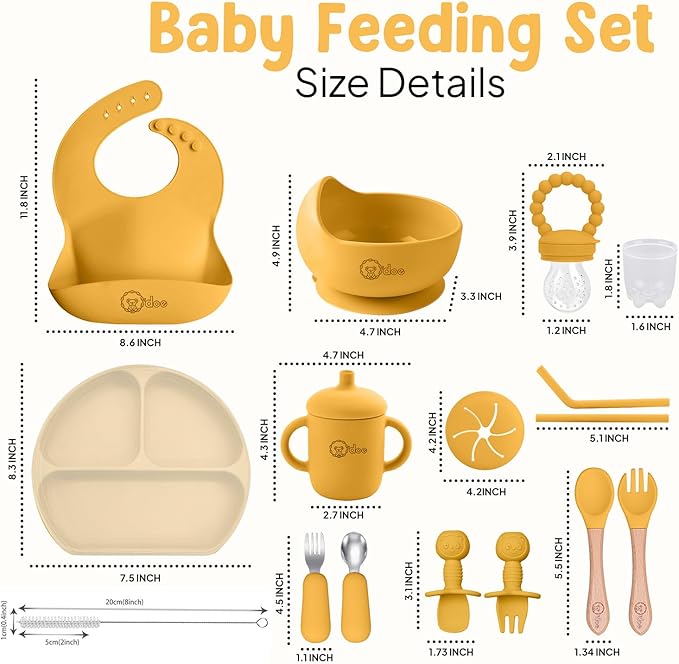 O'doe 17-Piece BPA-Free Silicone Baby Feeding Set | Thick & Soft Suction Plates, Baby Bowls, Wooden Fork & Spoon, and More | Make Mealtime Fun and Easy for Your Little One (Yellow, V2)
