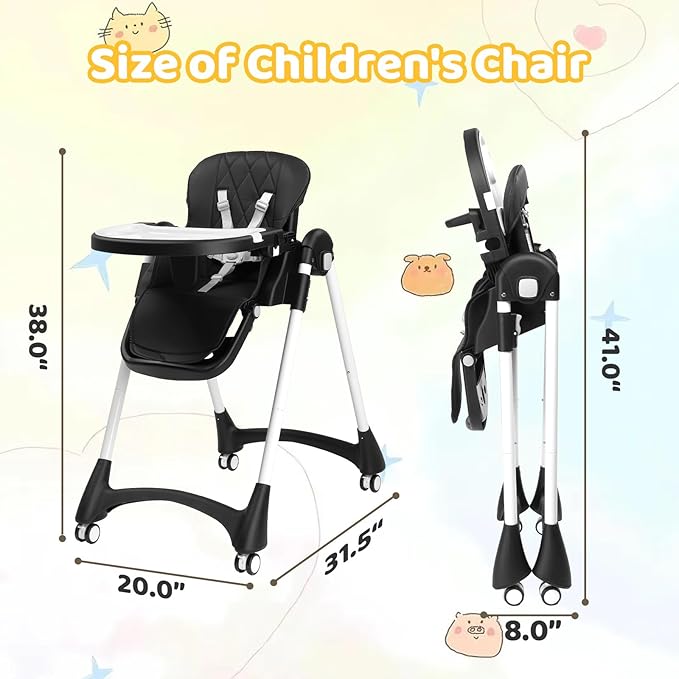 JOYMOR 4 in 1 Folding Baby High Chair for Babies to Toddlers, Infant Eating Foldable Highchair w/Leather Seat Cushion, 4-Position Removeable & Adjustable Tray, 5-Point Harness (Black)