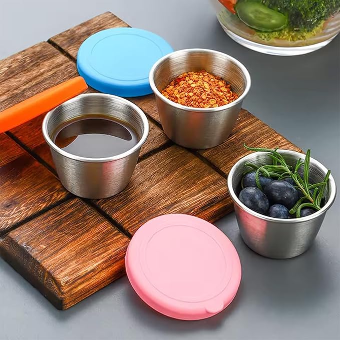 PandaEar 6 Pack 2.4 oz Stainless Steel Condiment Containers with Leakproof Silicone Lids, Reusable Small Sauce Cups for Salad Dressing, Lunch Box, Travel & Meal Prep, Dishwasher & Freezer Safe