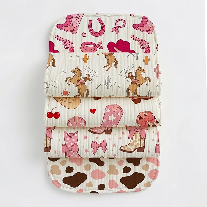 5 Pack Baby Burp Cloths, Soft Cotton Pink Cowgirl & Western Theme Burp Cloths, Super Absorbent Cute Cowboy Boot & Heart Print Washcloths, Newborn Baby Girl Essentials Gift Set