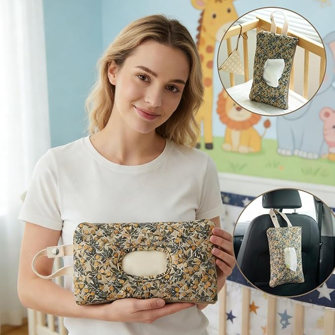 Baby Wipe Holder, Floral Quilted Dispenser Pouch Portable Mommy Bag for Travel Stroller Daily Casual (Green)