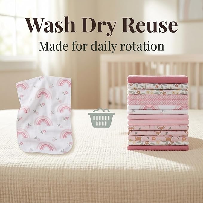 EVERYDAY KIDS 12 Pack Burp Cloths for Baby Girl; Newborn Essential with - Large Absorbent Cotton Flannel Pink Burping Cloths for Babies with Woodlands, Floral and Rainbow Prints and Solids