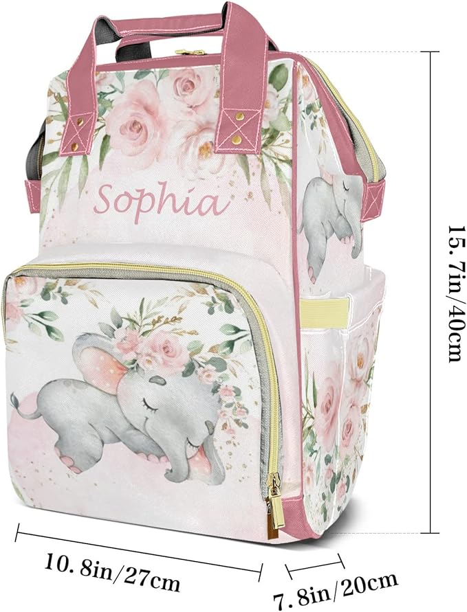 Pink Elephant Flower Diaper Bag Backpack Multifunction Bags with Changing Pad Unisex Stylish Travel Back Pack Nappy Custom Bag for Moms Dads
