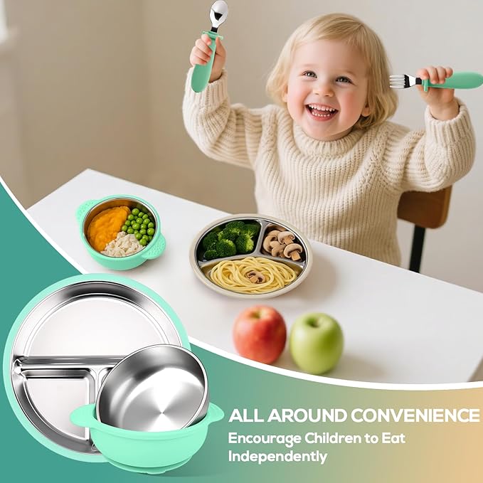 Mity rain Stainless Steel & Silicone Toddler Plates and Bowls Set with Suction,5-Piece Suction Plates & Bowls for Toddler,Removable Shell,Silicones Baby Plates for Independent Eating(Light Green)