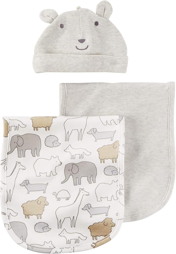 Carter's Baby 3 Piece Animal Burp Cloths & Hat Set,Gray,One Size