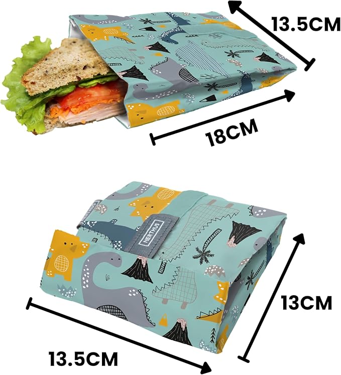 NERTHUS FIH 884 Reusable Sandwich Bag Dinosaurs, Eco-Friendly, Adaptable, Easy to Clean and Washable