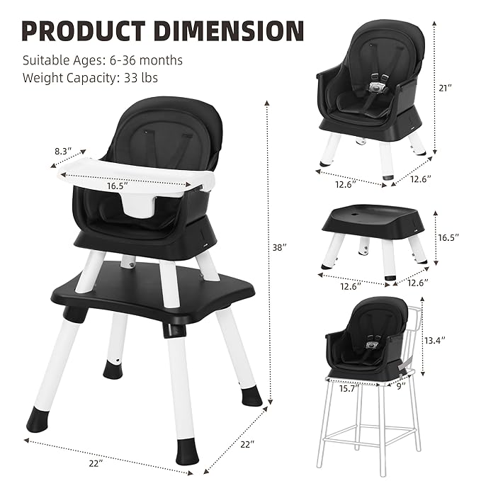 Baby High Chair, 8 in 1 Convertible Highchair, Booster Seat, Building Block/Activity Table, Stool, Feeding Chair with Dishwasher-Safe Tray, High Chairs for Babies and Toddlers (Black)