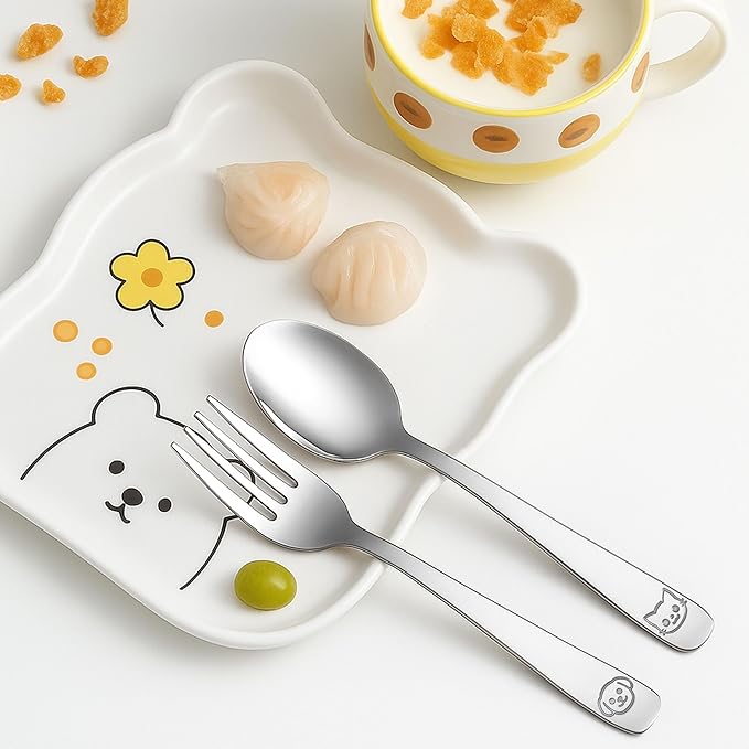 LOCONHA Stainless Steel Toddler Utensils Set - 14 Pcs Kids Silverware, Safe Food Grade, Mirror Polished, Dishwasher Safe, Perfect for Little Hands, Trendy & Durable. 