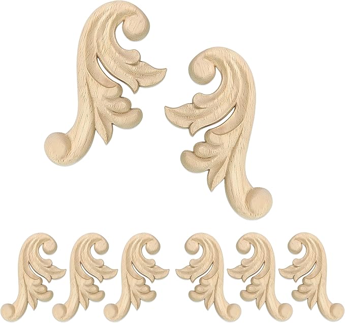 8Pcs Decorative Wood Flower Carved Appliques Corner Onlay 2.1×4.1inch DIY Unpainted Wooden Carved Corner Decal for Furniture Wardrobe Mirror Photo Frame Closet Decoration