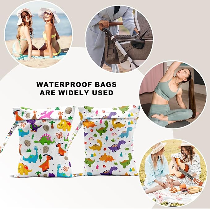 2 PCS Dinosaur Style Travel Laundry Bags 12x10 Inch, Waterproof Reusable Wet Bag with Handle, Wet Dry Bag for Swimsuit Travel Beach Pool Diapers Dirty Yoga Gym Clothes Stroller Toiletries