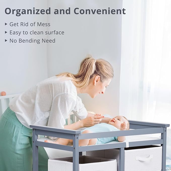 Garvee Wooden Baby Changing Table,Modern Diaper Changing Table,Infant Diaper Station Dresser with Laundry Hamper, 3 Drawer Basket- Storage Organizer for Baby Clothes, Diapers & Toys