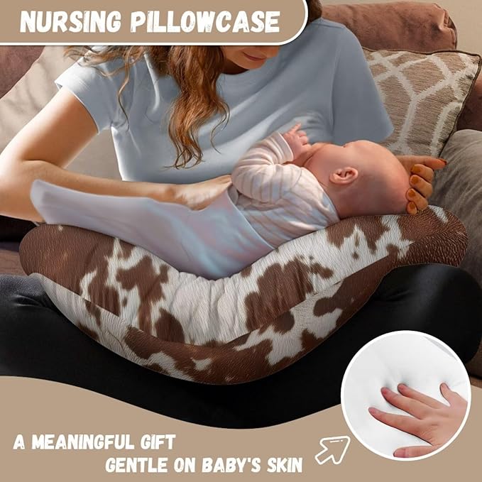 Nursing Pillow Cover for Baby Boys Girls, Brown Cow Print Breastfeeding Pillow Slipcover Cushion Cover, Soft Fabric Fits Snug On Infant
