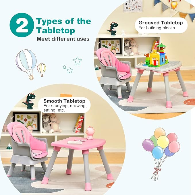 HOMGX Baby High Chair, 8-in-1 Convertible High Chair w/Removable Tray & Safety Harness, Infant Dining Booster Seat, Building Block Table & Chair Set, Highchair for Babies and Toddlers (Pink)