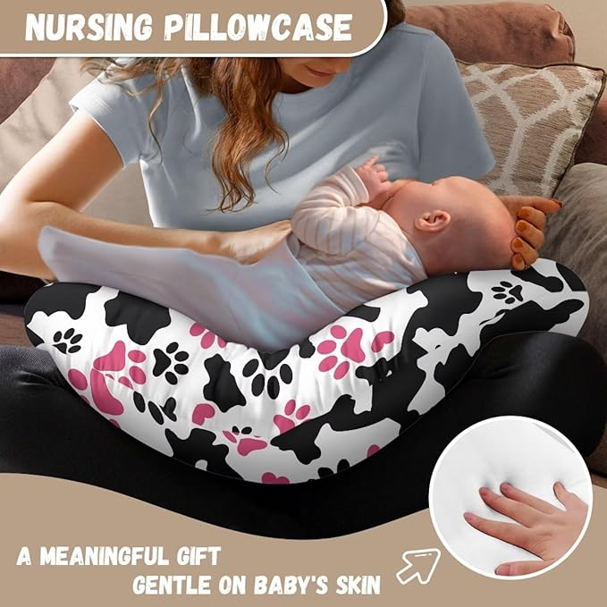 Cow Stripe and Paw Breastfeeding Pillow Cover Ultra Soft Comfortable Newborn Nursing Pillow Case Stretchy Replaceable Pillow Cover Slipcover