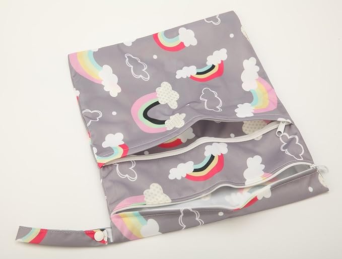 Medium Wet Dry Bag Baby Cloth Diaper Nappy Insert Bag Reusable Washable With Two Zippered Pockets (Rainbow)