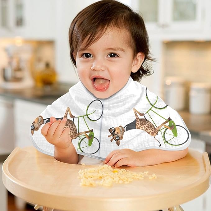Fun Giraffe in Suit On Bicycle Muslin Burp Cloths for Baby 4 Pack Soft 100% Cotton Baby Washcloths Bibs for Boy Girl