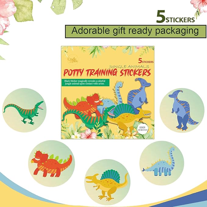 Potty Training Seat Magic Sticker | Dinosaur Potty Training Toilet Color Changing Sticker | 5 Pack Toilet Targets with Free Potty e Book | Use with or Without Potty Chart or Potty Watch