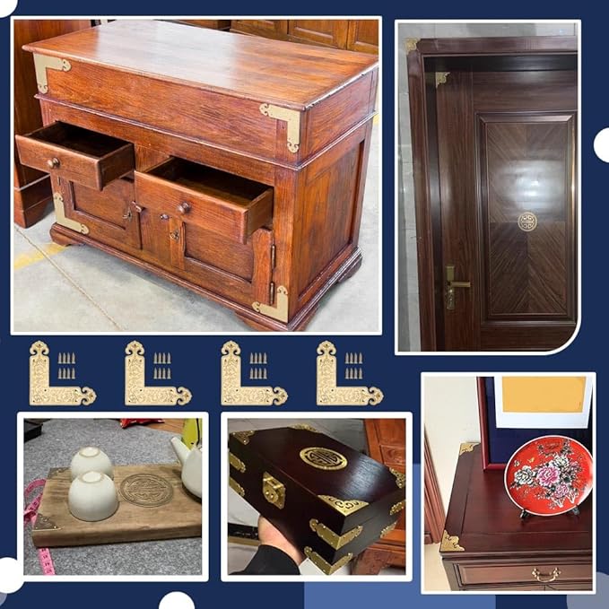 PH PandaHall 4pcs Embossing Decorative Corner Protectors 3.5x3.5inch L-Shape Guard Edge Cover Gold Flat Trim with Screws for Classical Furniture Tables Box Cabinet Chairs Cabinet Jewellery Boxes Cases