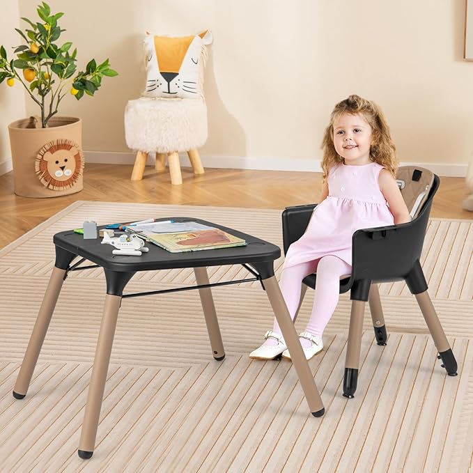 HONEY JOY 5-in-1 High Chair, Convertible Highchair for Babies and Toddlers/Kids Chair Table Set/Infant Feeding Chair w/Safety Harness, PU Leather Cushion & Removable Food Tray (Coffee)