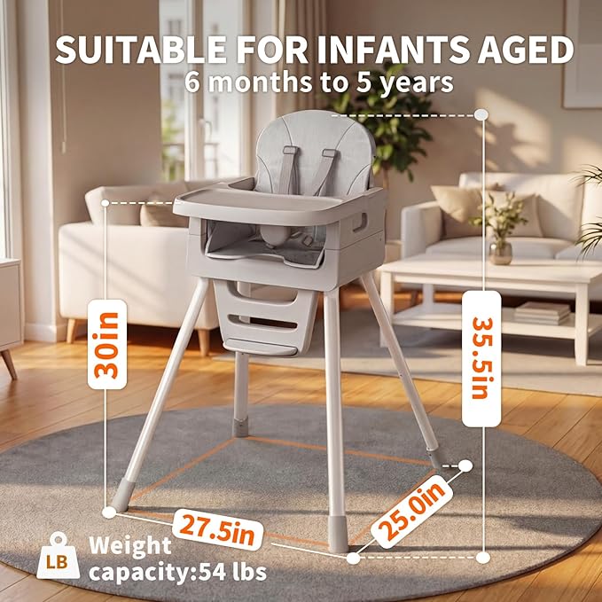 Portable 3 in 1 High Chairs for Babies and Toddlers, Convertible Baby Feeding Chair with Tray, Easy Clean Baby High Chair for Toddler with Foot Rest, Infant Highchairs & Booster Seats with Cush Grey