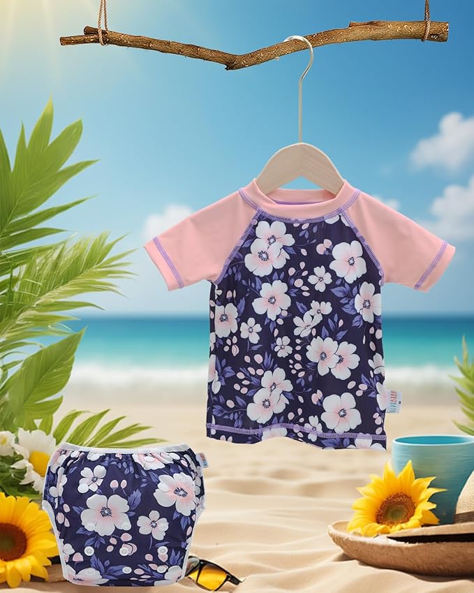 ALVABABY Baby Girl Swimsuit, 2-Piece Infant Toddler Bathing Short Sleeve Swimwear, Small Baby Reusable Swim Diaper with Matching Top