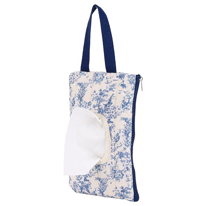 Quilted Baby Wipe Holder, Canvas Floral Quilted Pouch with Hanging Strap, Portable Diaper Wipe Holder for Travel Stroller-Classic Blue