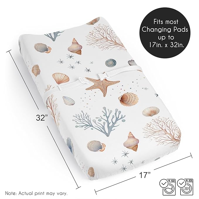 Sweet Jojo Designs Ocean Seashells Boy or Girl, Gender Neutral Baby Changing Pad Cover Sheet – Infant, Newborn, Diaper Table Change Mat Cover - Nautical, Beach Theme, Watercolor, Starfish, Coastal
