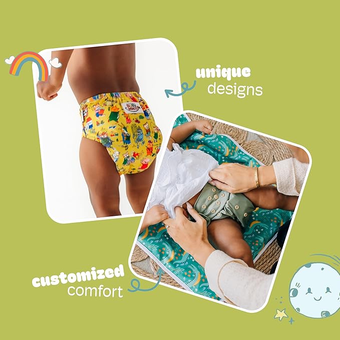 Kinder Cloth Diapers Reusable Baby Diapers Pocket Style Athletic Wicking Jersey, Bamboo Viscose Inserts, Wet Bag, Newborn to Potty Training 7-60lbs, One Size (Just Ducky, 3 Pack, with Inserts)