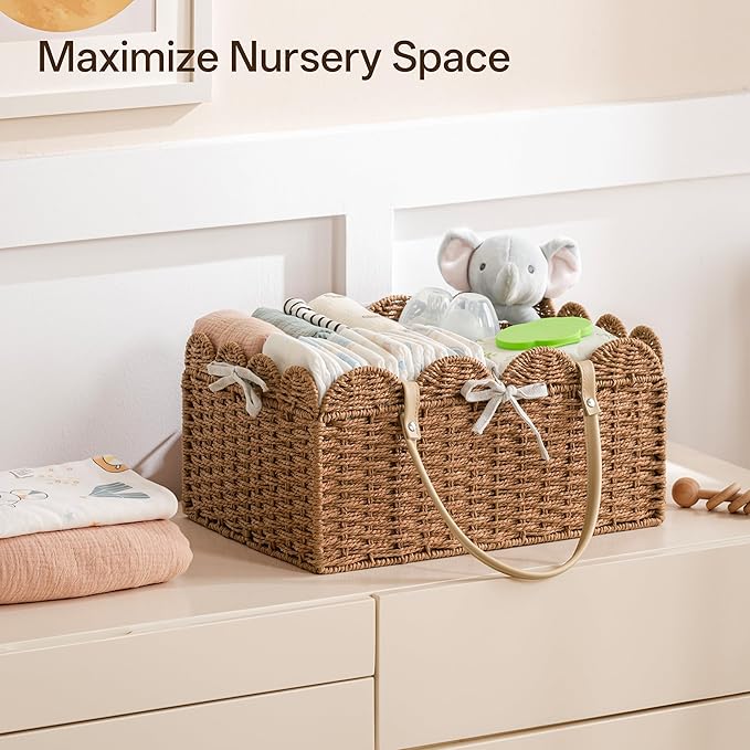Angelhood Scalloped Paper Rope Diaper Caddy, Woven Floral Baby Diaper Organizer with Dividers for Changing Table, Nursery & Car Portable Baby Gift Basket
