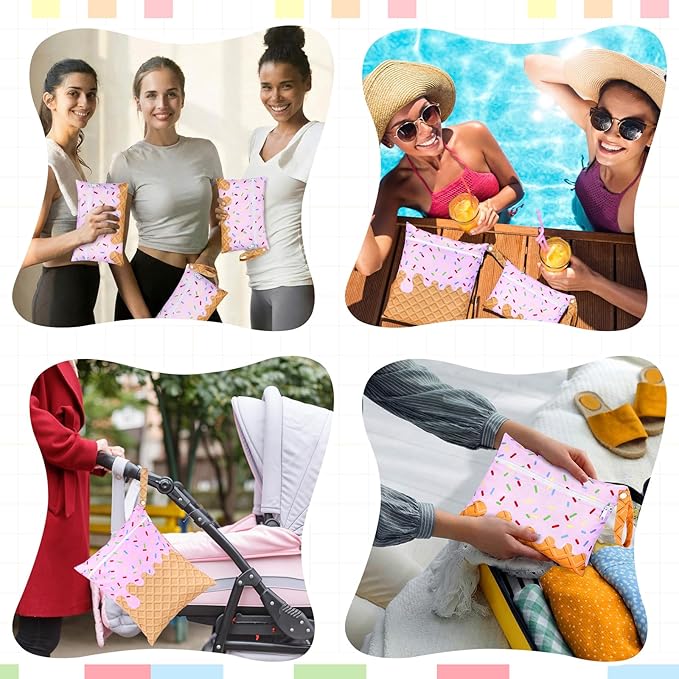 SATINIOR 2 Pack Wet Dry Bags Ice Cream Waterproof Pouch Large & Small Makeup Bag Baby Wet Bags Zipper Pouch for Baby Women Diapers Cloth