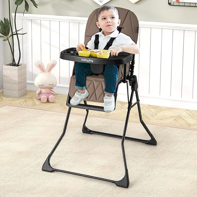BABY JOY Foldable High Chair, Portable Highchairs for Babies and Toddlers with 3-Position Adjustable Tray & Footrest, Removable Seat Cushion, 5-Point Safety Harness, Space Saving Design (Coffee)