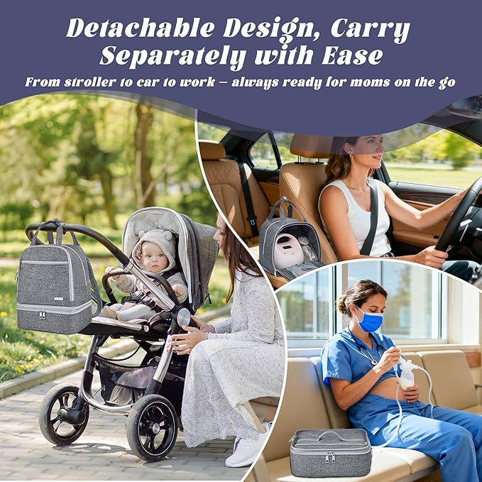 Breast Pump Bag with Insulated Cooler, Double-Layer Pumping Bag for Work & Travel, Fits Most Electric Breast Pumps, Includes 10 Ice Packs & Waterproof Mat, Detachable Bottle Cooler Tote, Grey