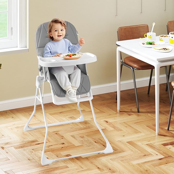 HONEY JOY High Chair, Foldable Baby Feeding Chair, Adjustable Tray & Footrest, Removable Easy-to-Clean PU Seat Cushion, 5-Point Harness, Cup Holder, Highchairs for Babies and Toddlers (Gray)