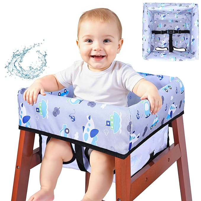 High Chair Cover, Baby High Chair Cover for Restaurants, Waterproof Portable Highchair Covers with 3-Point Harness for Eating, Travel, Home, Machine Washable, Fits Wooden Chairs (Grey)