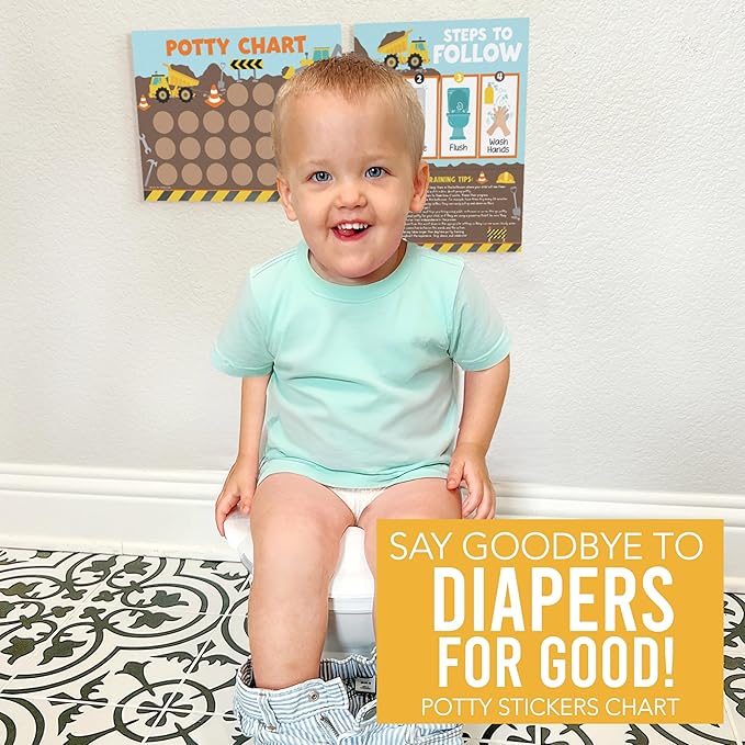 Hadley Designs Potty Training Chart for Toddlers Boys -10 Sticker Potty Chart for Toddlers Boys, 8.5x11" Potty Training Sticker Charts for Toilet Success, Construction Toddler Reward Chart for Kids