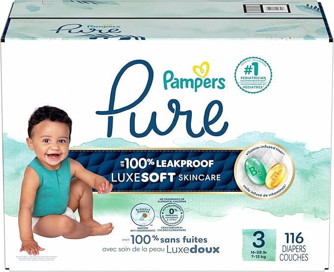 Pampers Pure Baby Diapers, Size 3 (16-28 lbs), 116, Up to 100% Leakproof, Premium Hypoallergenic Soft Diapers