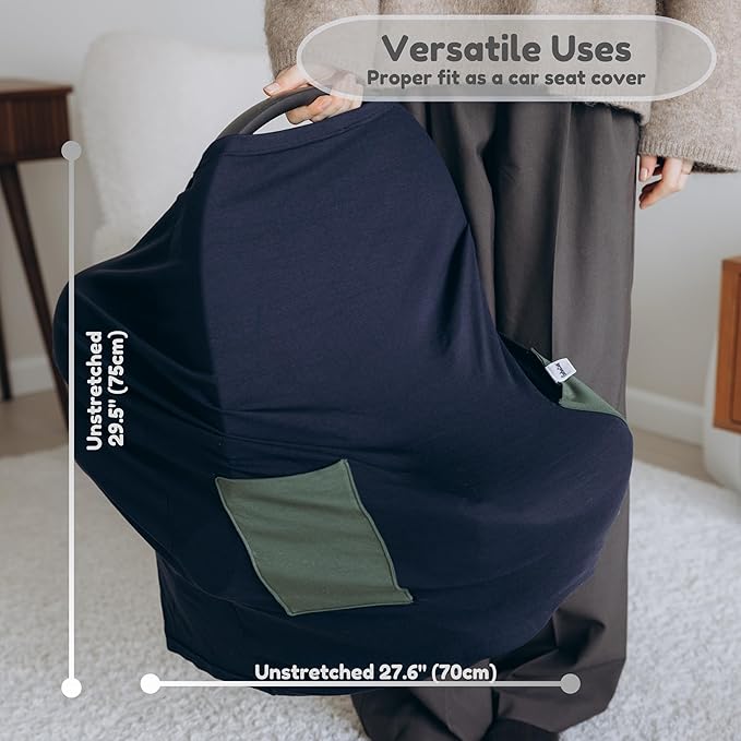 Premium Bamboo Nursing Cover for Breastfeeding 6-in-1 with 2 Pockets, 360 Privacy, Feeding Cover, Soft Breathable Nursing Shawl, Scarf, Stretchable Baby Seat Cover, Poncho (Blue/Green)