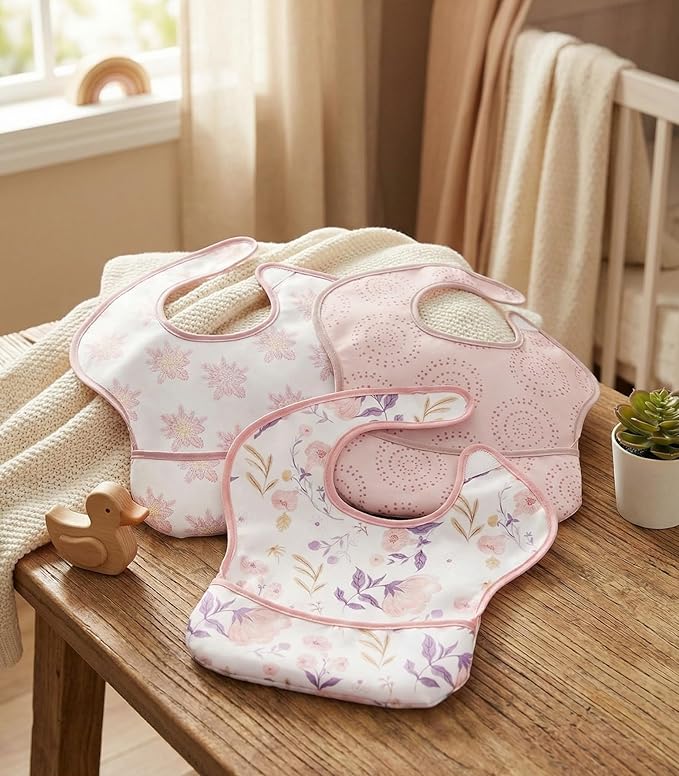 3-Pack Waterproof Baby Bibs for Eating - Mess Proof Lightweight Toddler Feeding Bibs with Large Food Catcher, Food-Grade Baby Eating Essentials, Easy to Put On & Clean(Light Pink Blossom)