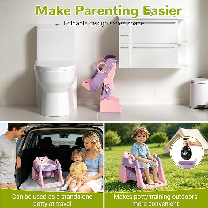 COOSEYA 2-in-1 Potty Training Seat & Potty Chair, Toddler Toilet Seat with Step Stool Ladder, Height Adjustable Foldable Potty Training Toilet for Kids Boys Girls with Splash Guard & Anti-Slip Steps