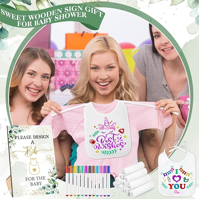 Panitay 100 Pcs DIY Baby Bibs Decorating Kit 50 White Bibs 25 Stencils 24 Markers 1 Baby Shower Game Sign