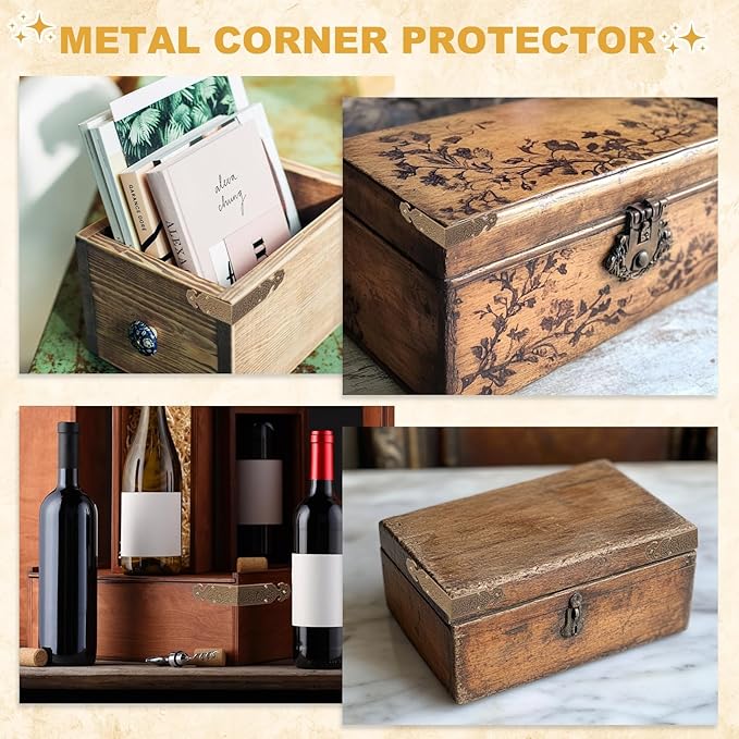 uxcell 4Pcs L Shaped Vintage Embossing Brass Decorative Corner 1 x 0.7 Inch Corner Protector with Mounting Nails Box Edge Guard Retro for Cabinets Furniture Decorative (Brass)
