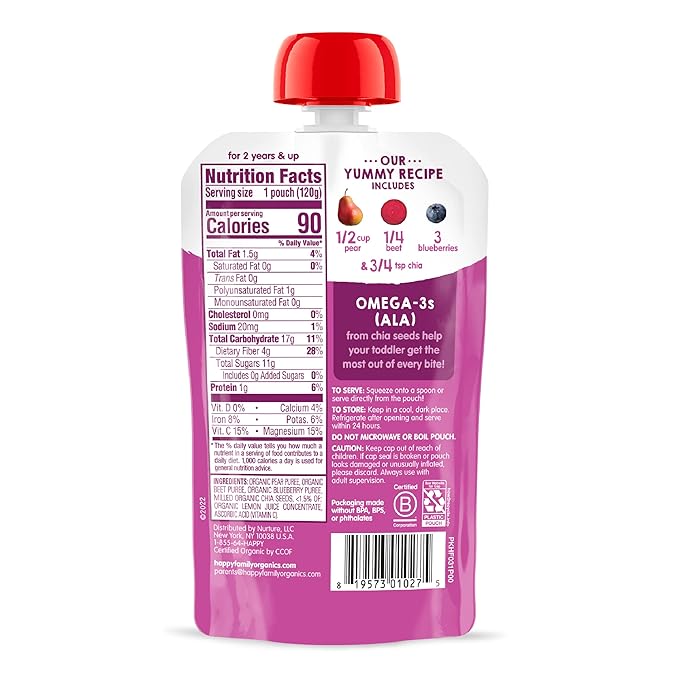 HAPPYTOT Organics Stage 4 Baby Food Pouches, Gluten Free, Vegan Snack, SuperFoods Fruit & Veggie Puree, Pears, Blueberries, Beets & Chia, 4.22 Ounce (Pack of 16)