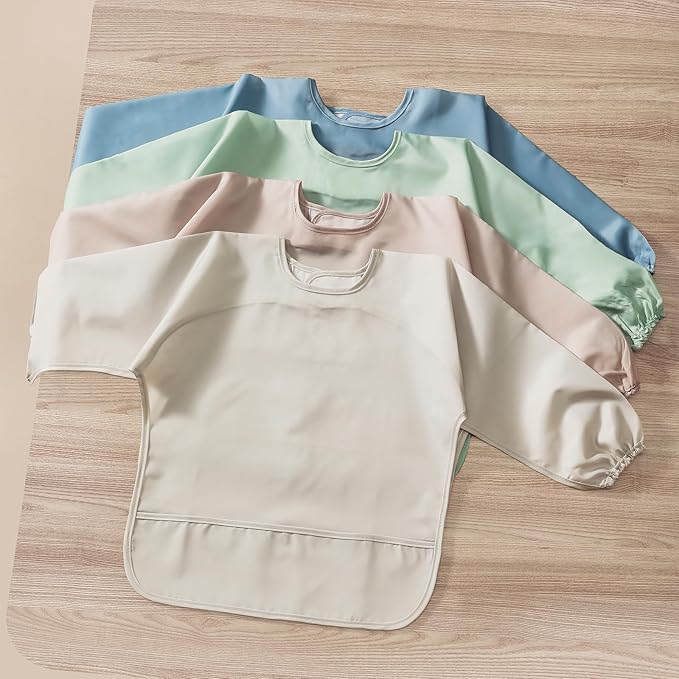 POIKSHARK 4 Pack Long Sleeve Bib, Reusable Bib with Catch-all Pocket