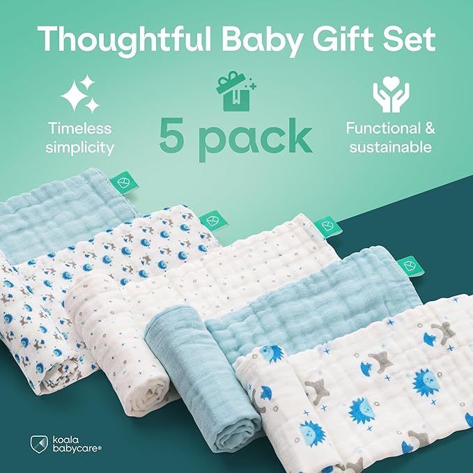 Koala Babycare 5 Pack 20"x10" Organic Burp Cloths for Baby Boys and Girls - GOTS & OEKO-TEX Cotton Burp Rags for Newborns - Absorbent Neutral Burping Cloths for Feeding - Washable Baby Bibs Essentials