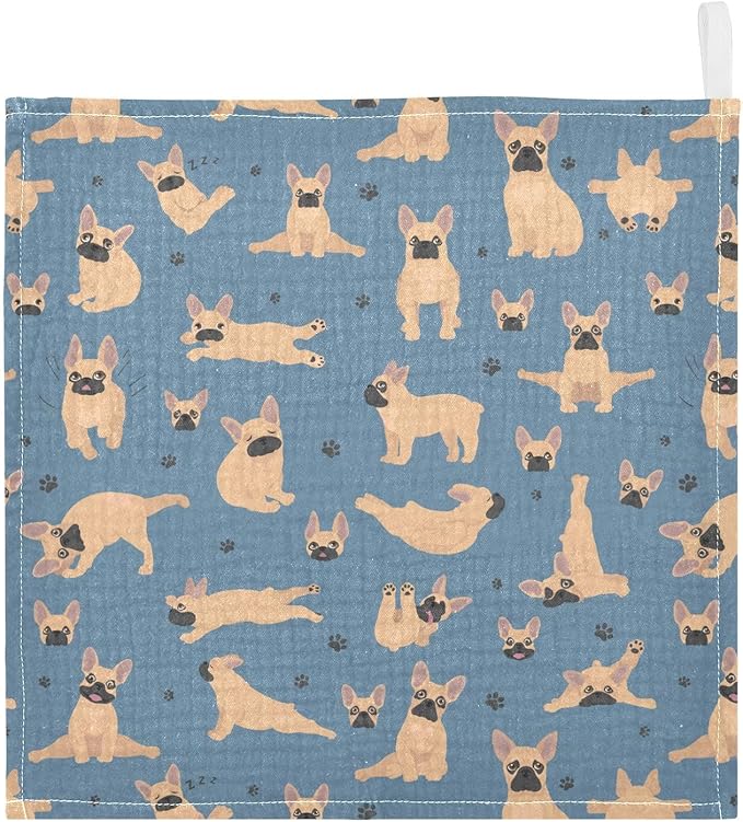 vvfelixl Baby Cotton Washcloths French Bulldog Pug Infants Bath Towel for Unisex Puppy Face Towels for Newborn, Natural Baby Wipes Delicate Skin, 11.8 X 11.8 inch, one sizex3