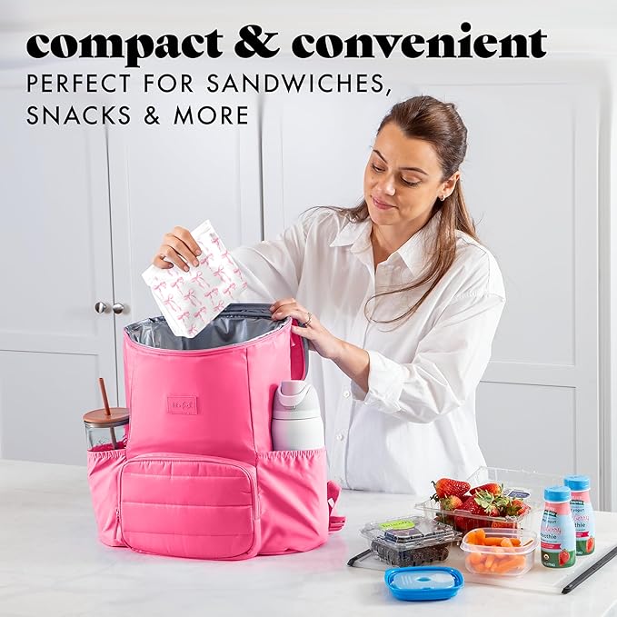 Fit & Fresh Reusable Sandwich Bags (3 Pack) – Leakproof Reusable Food Storage Bags, BPA-Free, Freezer Safe, Eco Friendly Bags for Snacks, Lunch, Meal Prep, Pink Bows