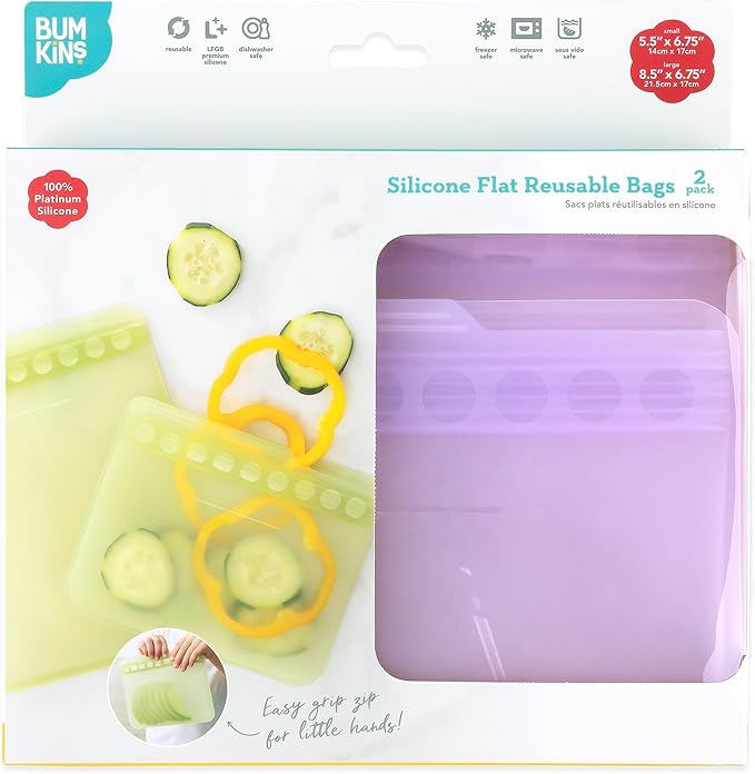Bumkins - Silicone Snack & Sandwich Bags - For Storage, Food Prep, Lunch Bag - Reusable, Leak Resistant, Washable, Microwave, Freezer & Dishwasher Safe - 2 pack - Purple