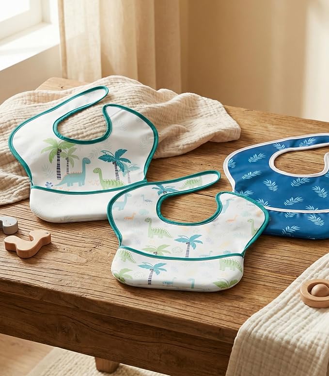 3-Pack Waterproof Baby Bibs for Eating - Mess Proof Lightweight Toddler Feeding Bibs with Large Food Catcher, Food-Grade Baby Eating Essentials, Easy to Put On & Clean(Blue Dinosaur)