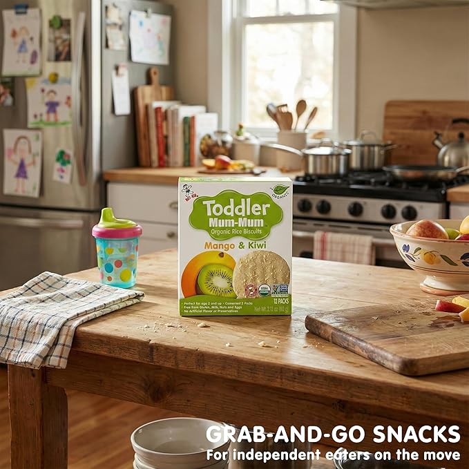 Toddler Mum-Mum Organic Rice Biscuits, Mango & Kiwi | 24 Count (Pack of 6) | Gluten Free, Allergen Free, Non-GMO | Toddler Snacks, Rice Rusk, Cracker, Cookies for Babies